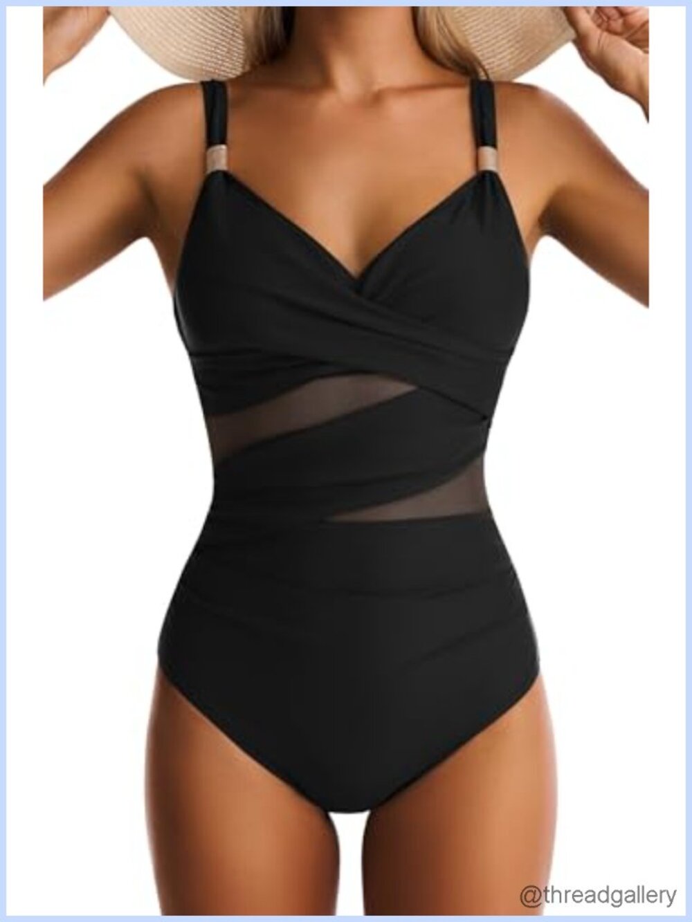Mesh One Piece Swimsuit V Neck Push Up Tummy Control Slimming Swimwear Women